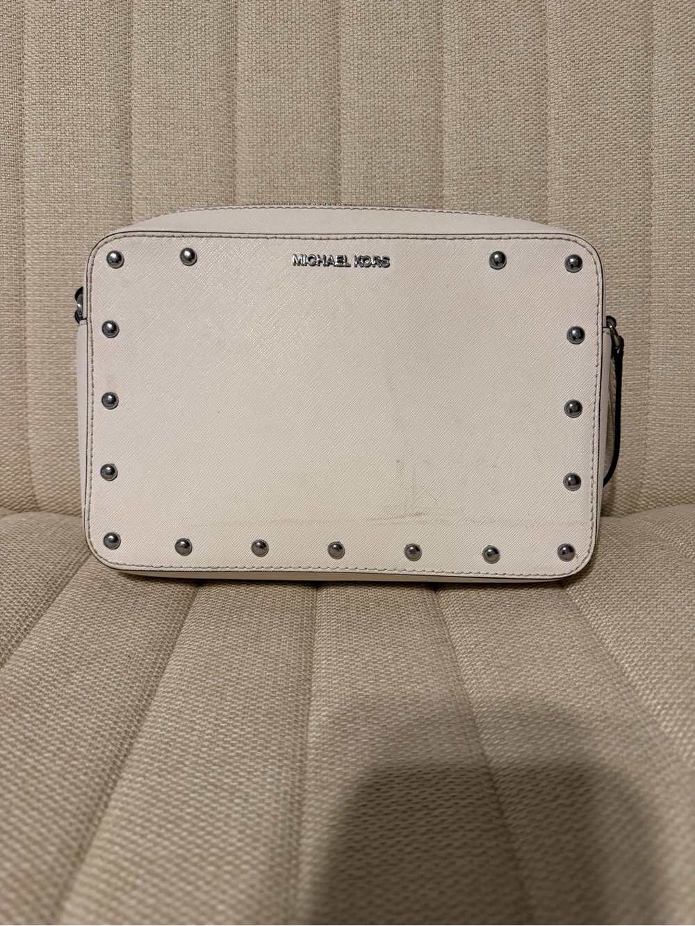 Michael Kors White Saffiano Leather Studded Camera Bag